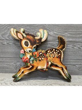 1960s Reindeer Christmas 2 Die Cuts Mounted on Wood Two Sided Distressed Vintage